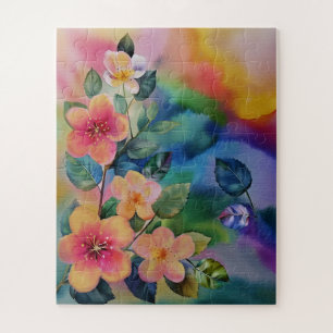 Colorful Watercolor Spring Branch with Flowers  Jigsaw Puzzle