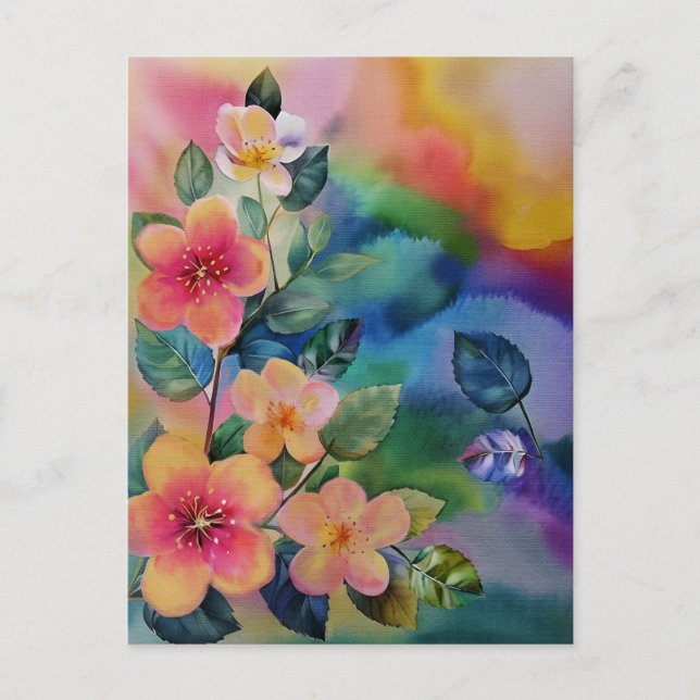 Colorful Watercolor Spring Branch with Flowers  Postcard (Front)
