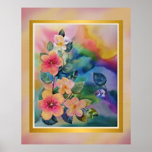 Colorful Watercolor Spring Branch with Flowers  Poster