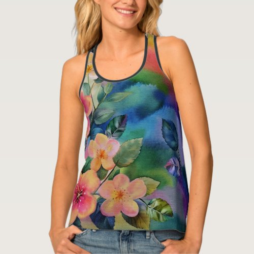Colorful Watercolor Spring Branch with Flowers  Tank Top