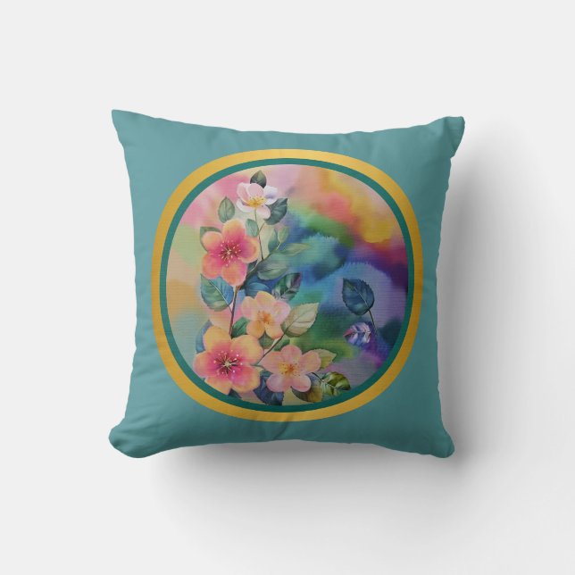 Colorful Watercolor Spring Branch with Flowers  Throw Pillow (Front)