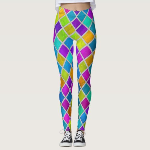 Colorful Watercolor Squares Any Color Grid Leggings