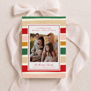 Colorful Watercolor Striped Family Photo Christmas Holiday Card