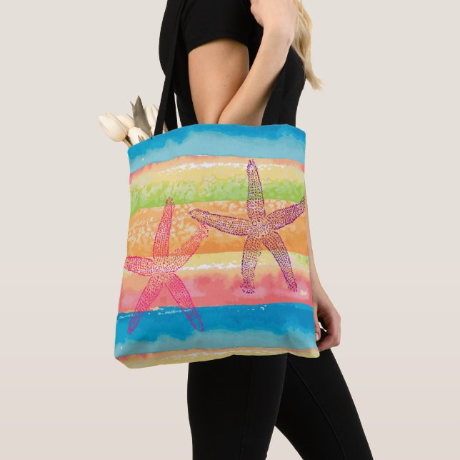 Colorful Watercolor Stripes and Starfish Tote Bag (Close Up)