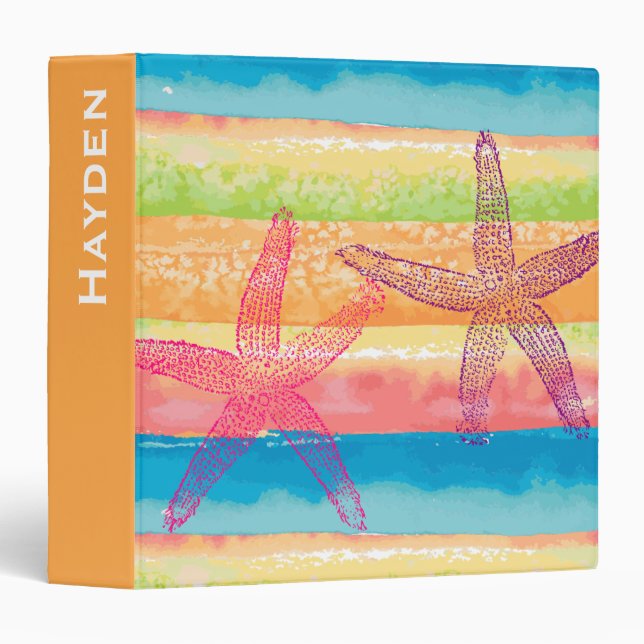 Colorful Watercolor Stripes Starfish Personalised 3 Ring Binder (Front/Spine)