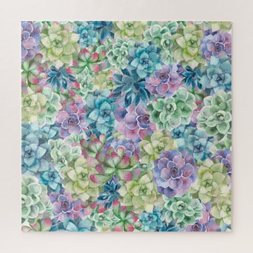 Colorful Watercolor Succulents Pattern Challenging Jigsaw Puzzle