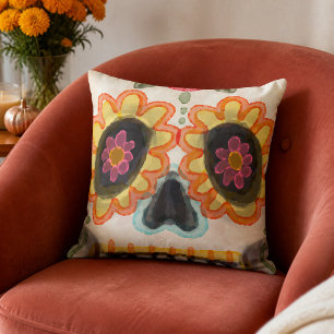 Colorful Watercolor Sugar Skull Halloween Throw Pillow
