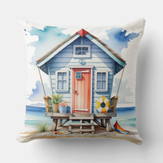 COLORFUL WATERCOLOR SUMMER BEACH HUT THROW PILLOW