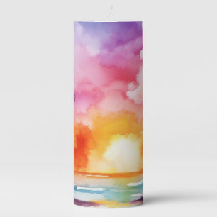 COLORFUL WATERCOLOR SUNSET BEACH SCENE PILLAR CANDLE