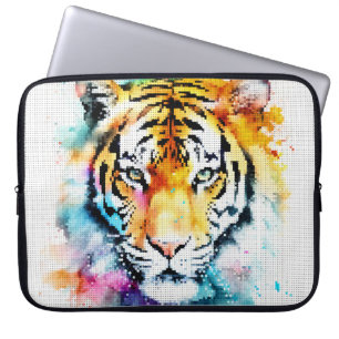 Colorful Watercolor Tiger Head in Geometric Style Laptop Sleeve