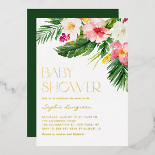 Colorful Watercolor Tropical Flowers Baby Shower Foil Invitation