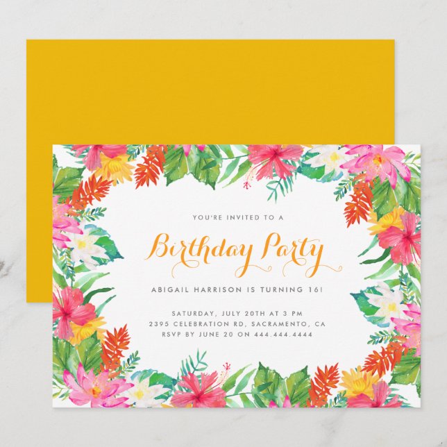 Colorful Watercolor Tropical Summer Birthday Party Invitation (Front/Back)