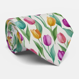 Colorful Watercolor Tulip Floral Pattern Neck Tie