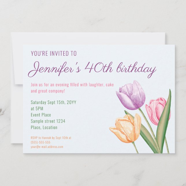 Colorful Watercolor Tulip Flowers 40th Birthday Invitation (Front)