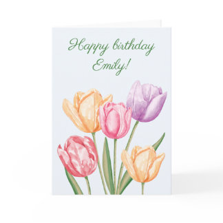 Colorful Watercolor Tulip Flowers Happy Birthday Card