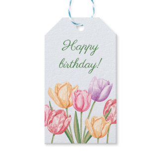 Colorful Watercolor Tulip Flowers Happy Birthday Gift Tags