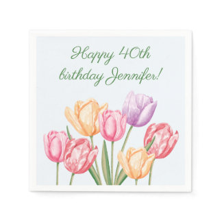 Colorful Watercolor Tulip Flowers Happy Birthday Napkins