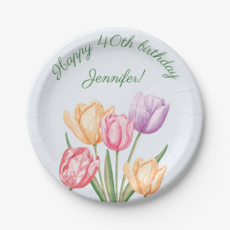 Colorful Watercolor Tulip Flowers Happy Birthday Paper Plates