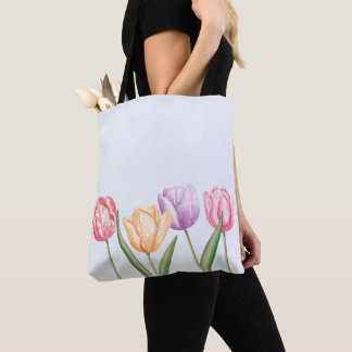 Colorful Watercolor Tulip Flowers On Light Blue Tote Bag