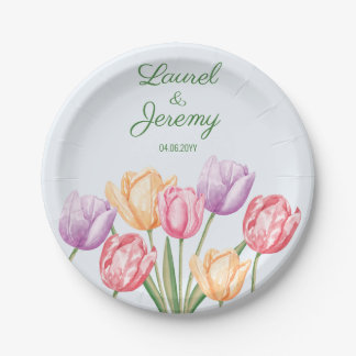 Colorful Watercolor Tulip Flowers Spring Wedding Paper Plates