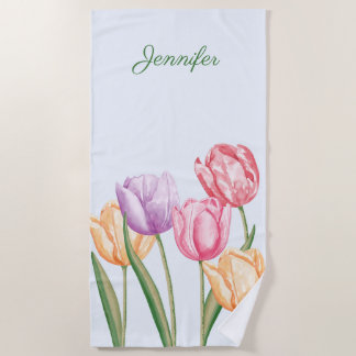Colorful Watercolor Tulip Flowers With Custom Name Beach Towel