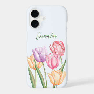 Colorful Watercolor Tulip Flowers With Custom Name iPhone 17 Case