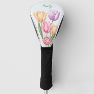 Colorful Watercolor Tulip Flowers With Custom Name Golf Head Cover