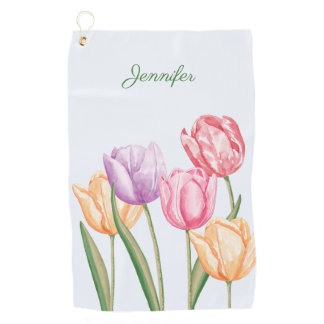 Colorful Watercolor Tulip Flowers With Custom Name Golf Towel