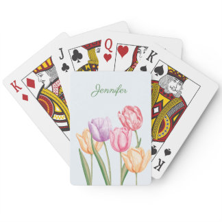 Colorful Watercolor Tulip Flowers With Custom Name Poker Cards