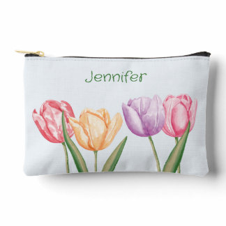 Colorful Watercolor Tulip Flowers With Custom Text Accessory Pouch