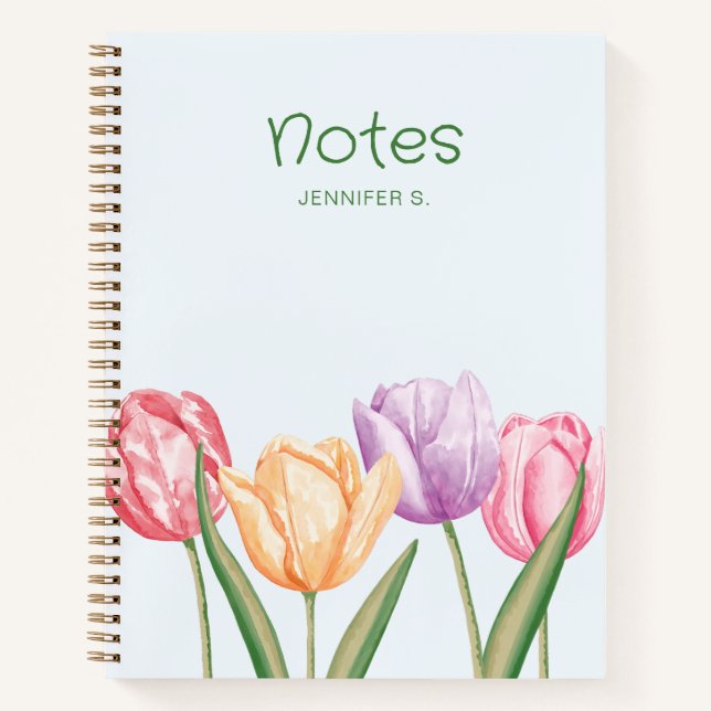 Colorful Watercolor Tulip Flowers With Custom Text Notebook (Front)