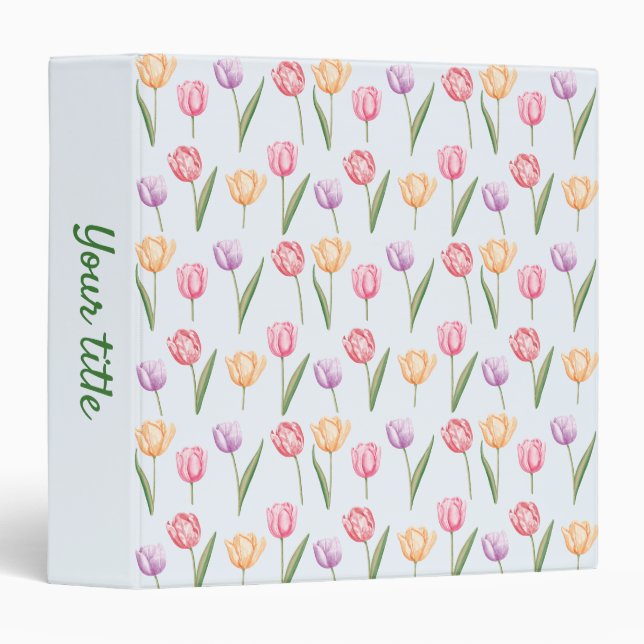Colorful Watercolor Tulips Flower Pattern 3 Ring Binder (Front/Spine)