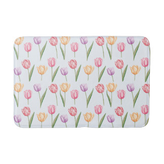 Colorful Watercolor Tulips Flower Pattern Bath Mat