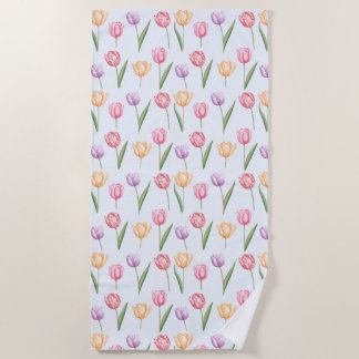 Colorful Watercolor Tulips Flower Pattern Beach Towel