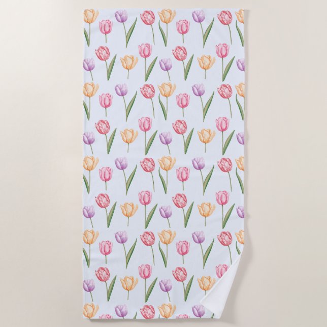 Colorful Watercolor Tulips Flower Pattern Beach Towel (Front)