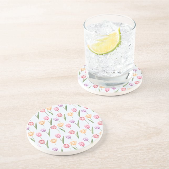 Colorful Watercolor Tulips Flower Pattern Coaster (Side)