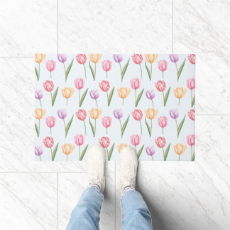 Colorful Watercolor Tulips Flower Pattern Doormat