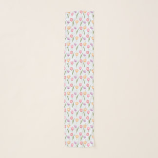 Colorful Watercolor Tulips Flower Pattern On Blue Scarf