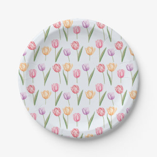 Colorful Watercolor Tulips Flower Pattern Paper Plates