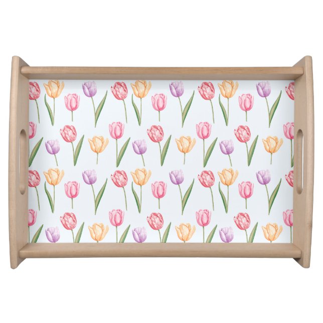 Colorful Watercolor Tulips Flower Pattern Serving Tray (Front)