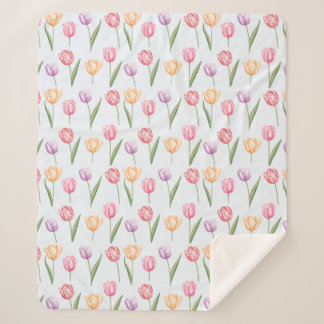 Colorful Watercolor Tulips Flower Pattern Sherpa Blanket