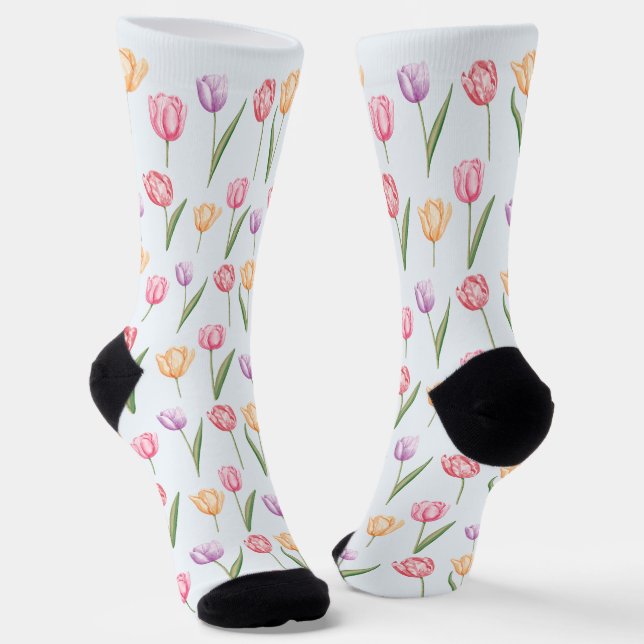 Colorful Watercolor Tulips Flower Pattern Socks (Angled)
