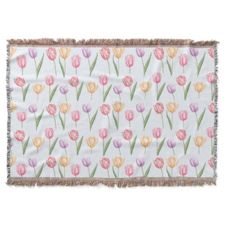Colorful Watercolor Tulips Flower Pattern Throw Blanket