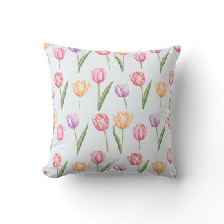 Colorful Watercolor Tulips Flower Pattern Throw Pillow