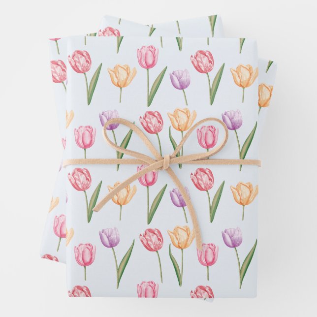 Colorful Watercolor Tulips Flower Pattern Wrapping Paper Sheets (In situ)