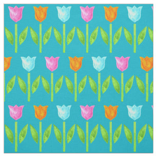 Colorful Watercolor Tulips in Pink, Blue, Orange Fabric