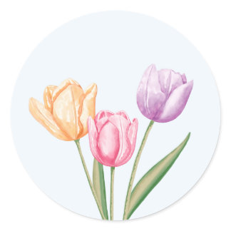 Colorful Watercolor Tulips On Light Blue Classic Round Sticker