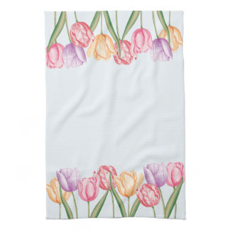 Colorful Watercolor Tulips On Light Blue Kitchen Towel