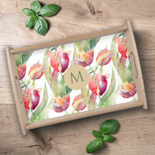 Colorful Watercolor Tulips with Monogram Serving Tray