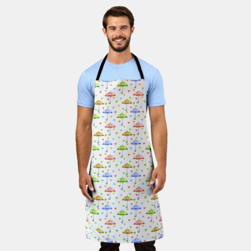 Colorful Watercolor Umbrellas and Falling Hearts Apron